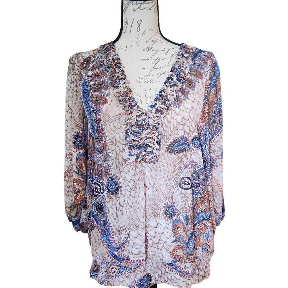 Jaipur Women's Size Medium Beige Blue Sheer Paisley V-Neck 3/4 Sleeve Blouse